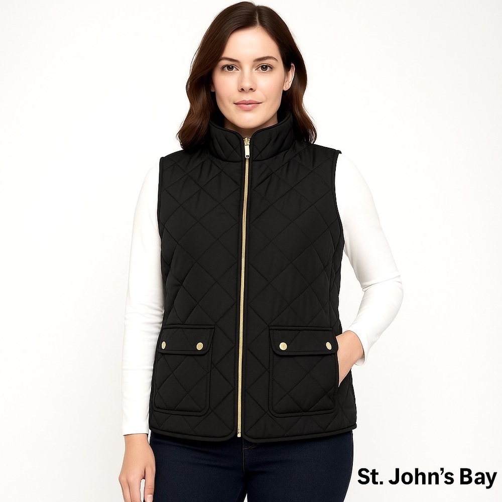 St. John’s Bay Quilted Black Puffer Vest with Gold Zip & Pockets Size M
